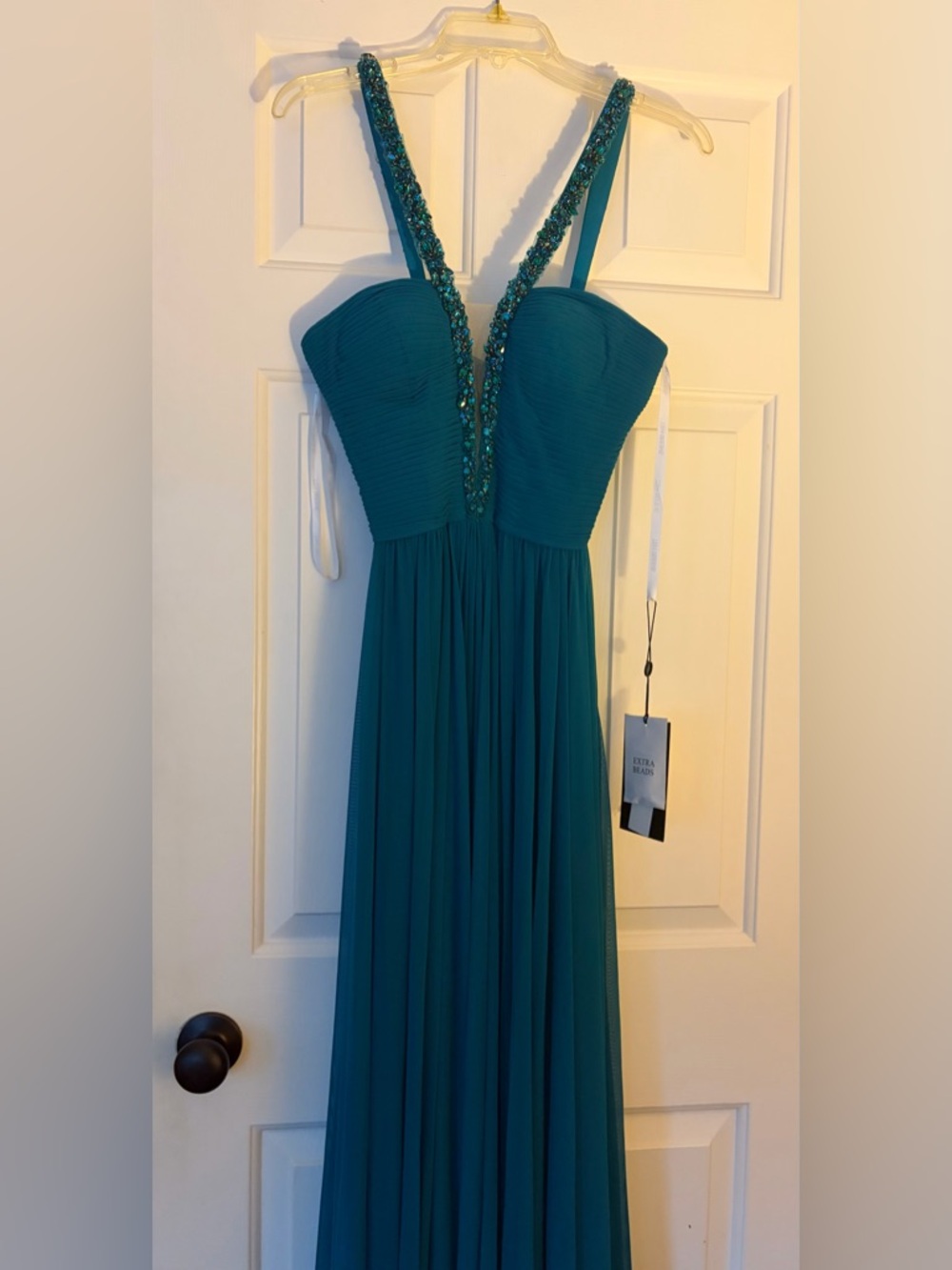 NWT! Sherri Hill TEAL Blue Beaded-Strap Maxi Gown. Sold Out Color!